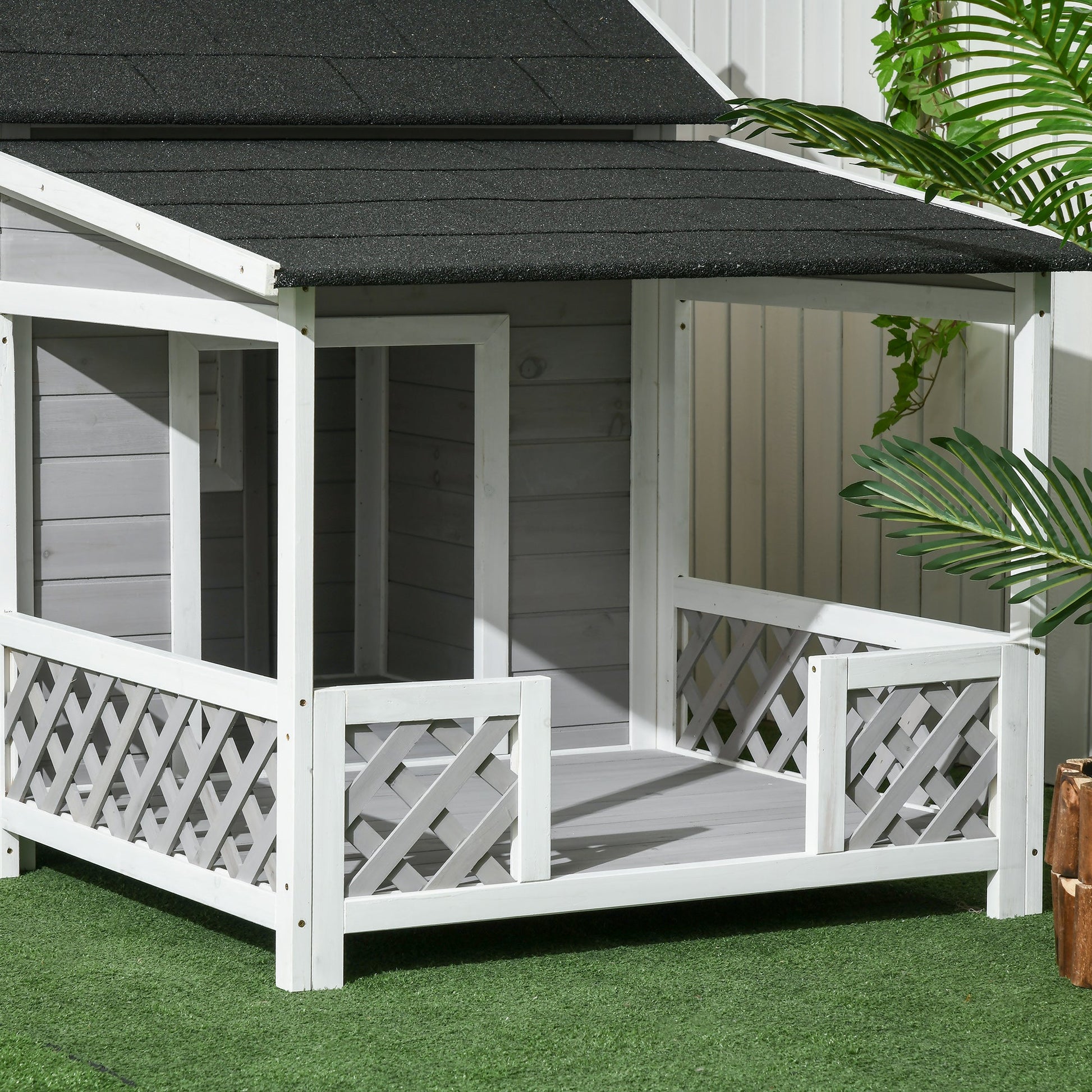 HKM-4777277 Wooden Raised Dog House with Porch and Asphalt Roof for Medium to Large Dogs, Light Gray