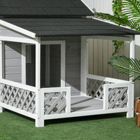 HKM-4777277 Wooden Raised Dog House with Porch and Asphalt Roof for Medium to Large Dogs, Light Gray