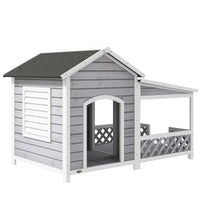 HKM-4777277 Wooden Raised Dog House with Porch and Asphalt Roof for Medium to Large Dogs, Light Gray