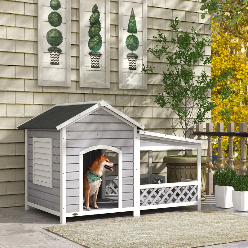 HKM-4777277 Wooden Raised Dog House with Porch and Asphalt Roof for Medium to Large Dogs, Light Gray