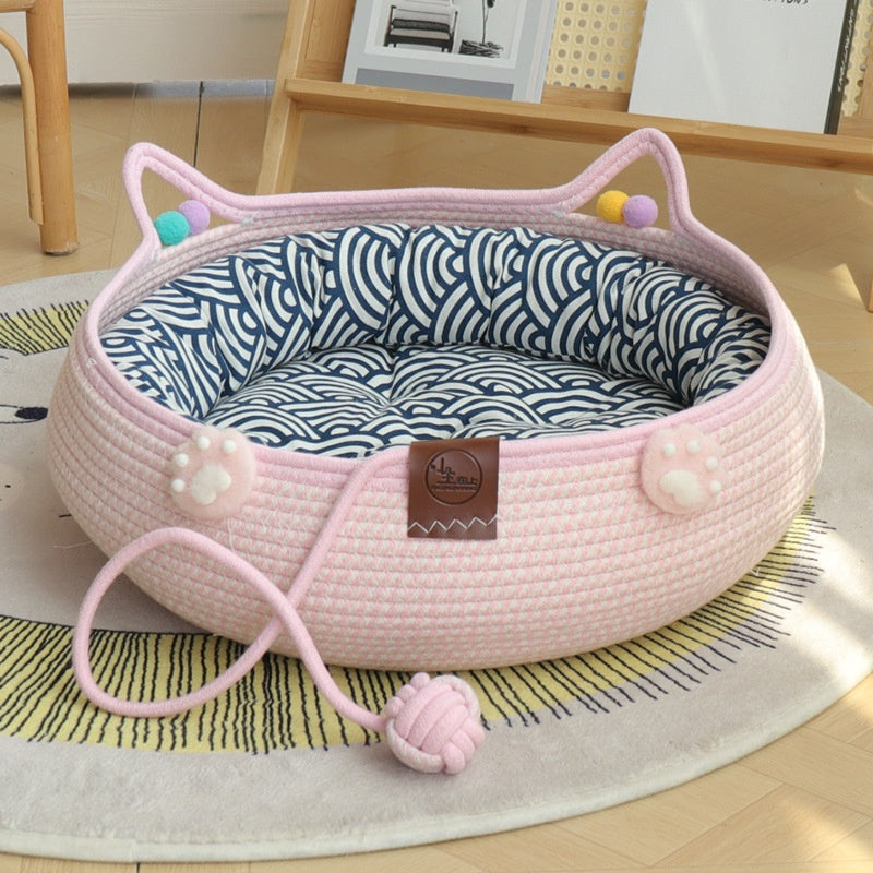 HKM-4777661 Bamboo Weaving Cat Kennels with Cotton Pad, Ideal for Pets in Various Styles and Sizes