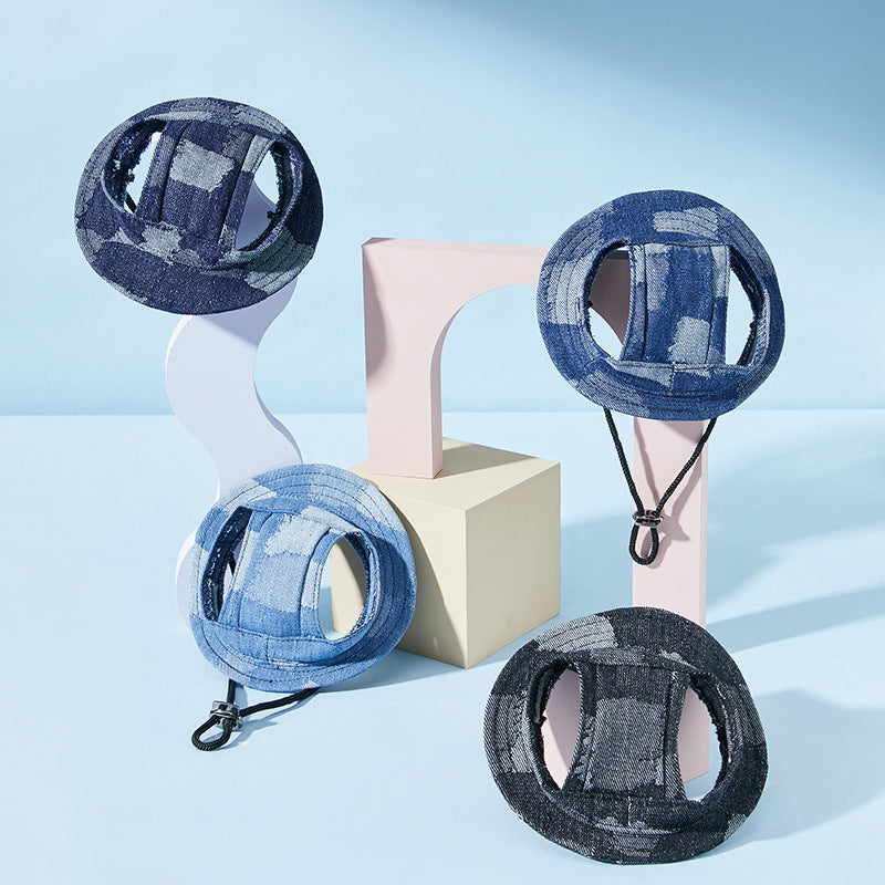 HKM-4778429 Dog Sun-Proof Bucket Hat - Geometry Pattern in Black, Dark Blue, Smalt, and Light Blue - Cotton, Multiple Sizes Available