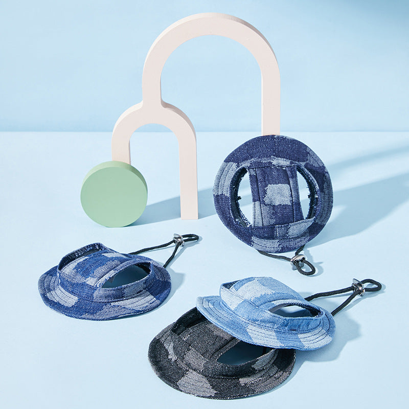 HKM-4778429 Dog Sun-Proof Bucket Hat - Geometry Pattern in Black, Dark Blue, Smalt, and Light Blue - Cotton, Multiple Sizes Available