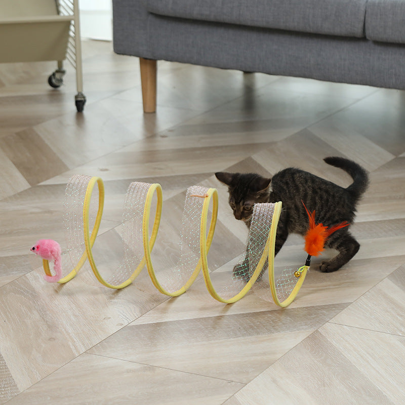 HKM-4778685 Foldable Cat Tunnel with Feather and Sisal Mouse Balls - Interactive Play Toy for Kittens and Cats