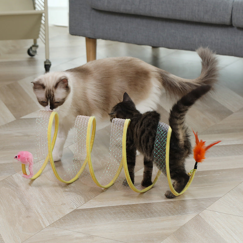HKM-4778685 Foldable Cat Tunnel with Feather and Sisal Mouse Balls - Interactive Play Toy for Kittens and Cats