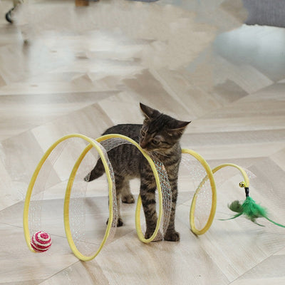 HKM-4778685 Foldable Cat Tunnel with Feather and Sisal Mouse Balls - Interactive Play Toy for Kittens and Cats