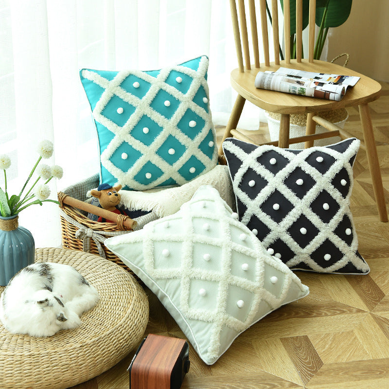 HKM-478099 Tufted Moroccan Style Cotton and Hemp Cushion Cover - 45x45cm, White and Black
