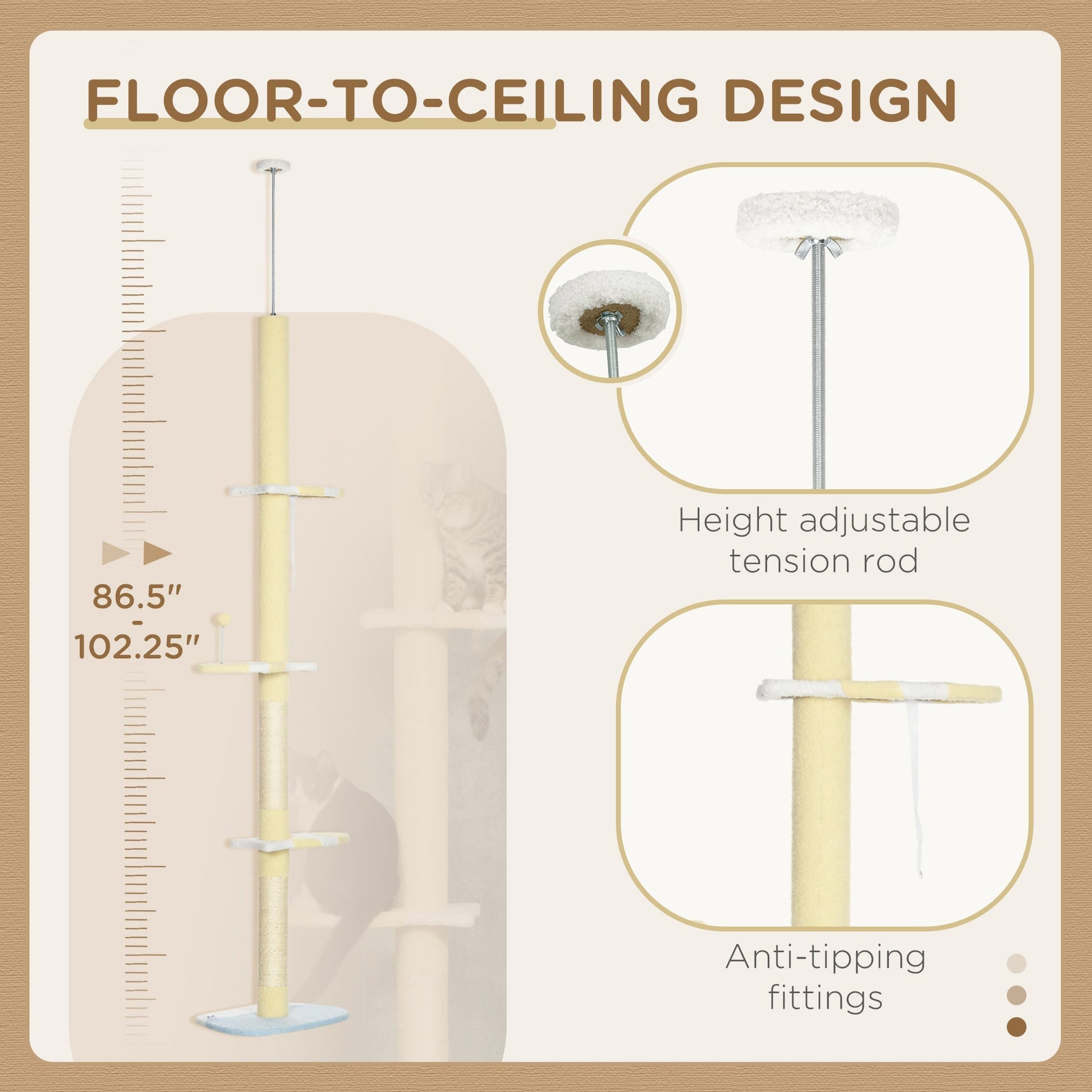 HKM-4782653 Adjustable 4-Tier Floor to Ceiling Cat Tree with Scratch Posts and Plush Platforms for Cats Under 10 lbs