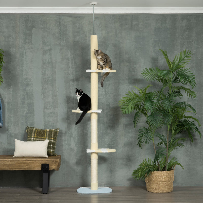 HKM-4782653 Adjustable 4-Tier Floor to Ceiling Cat Tree with Scratch Posts and Plush Platforms for Cats Under 10 lbs