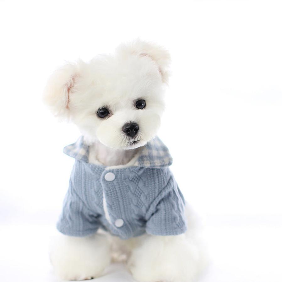 HKM-478547 Cute Two Piece Pet Costume for Small Dogs - Bichon Frise Style in Pink, Blue, and Gray Woolen Plaid