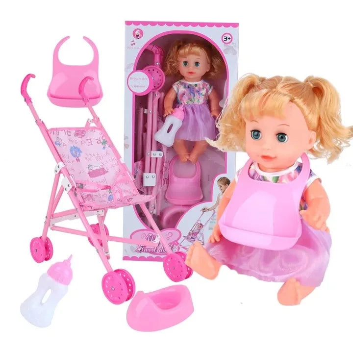 HKM-478611 14-Inch Vinyl Baby Doll Toy for Girls - Mini Stroller Playset, Ideal for Ages 2-7