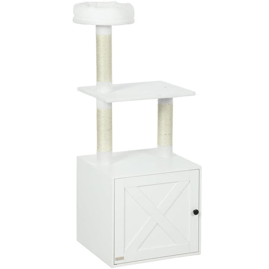 HKM-479123 Space-Saving Indoor Cat Tree with Litter Box Enclosure, Scratching Posts, and Climbing Platforms in White