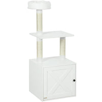 HKM-479123 Space-Saving Indoor Cat Tree with Litter Box Enclosure, Scratching Posts, and Climbing Platforms in White