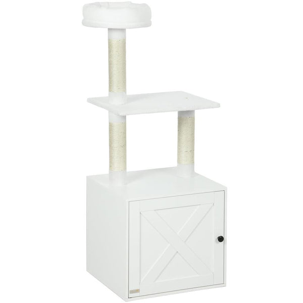 HKM-479123 Space-Saving Indoor Cat Tree with Litter Box Enclosure, Scratching Posts, and Climbing Platforms in White