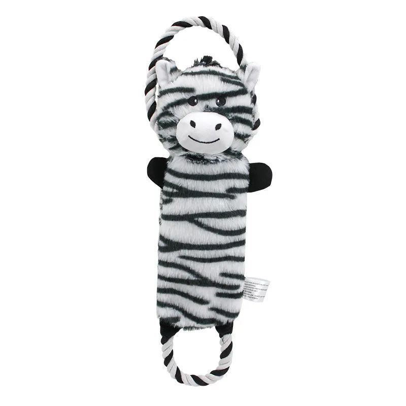 HKM-4794557 Stuffed Animal-Shaped Squeaky Dog Toy with Durable Rope, Elephant/Zebra Design for Interactive Play