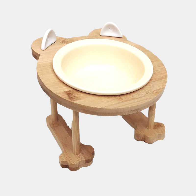 HKM-4795069 Ceramic Pet Feeding Bowls with Bamboo Stand for Dogs and Cats - Single or Double Food and Water Dish