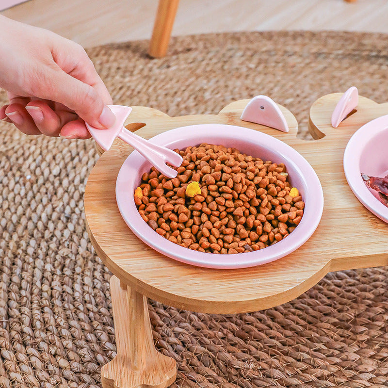 HKM-4795069 Ceramic Pet Feeding Bowls with Bamboo Stand for Dogs and Cats - Single or Double Food and Water Dish