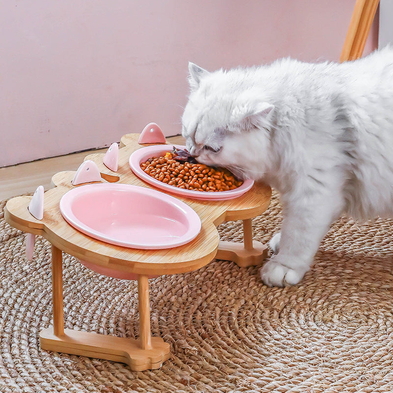 HKM-4795069 Ceramic Pet Feeding Bowls with Bamboo Stand for Dogs and Cats - Single or Double Food and Water Dish