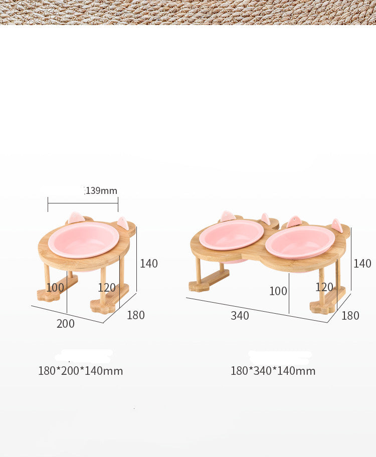 HKM-4795069 Ceramic Pet Feeding Bowls with Bamboo Stand for Dogs and Cats - Single or Double Food and Water Dish