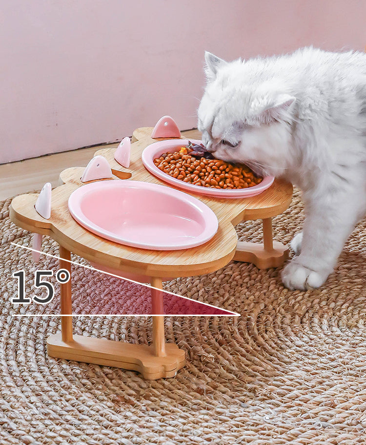 HKM-4795069 Ceramic Pet Feeding Bowls with Bamboo Stand for Dogs and Cats - Single or Double Food and Water Dish