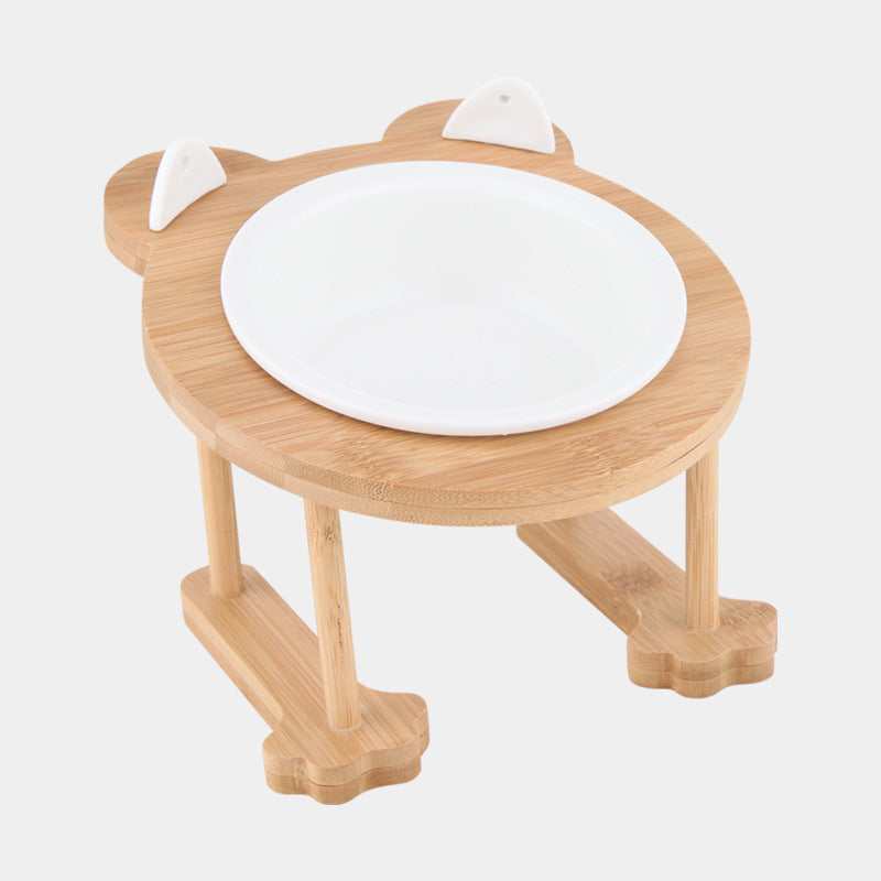 HKM-4795069 Ceramic Pet Feeding Bowls with Bamboo Stand for Dogs and Cats - Single or Double Food and Water Dish