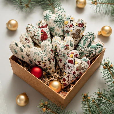 HKM-479763 Heart-Shaped Christmas Decorative Pendant Set - 8-Piece Fabric Embroidery Ornaments
