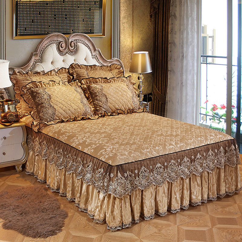 HKM-479763 Solid Color Velvet Quilted Bed Skirt Set for European Style Bedding