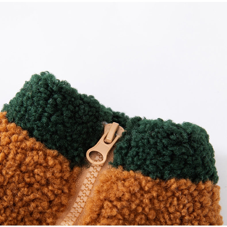 HKM-4805181 Cozy Color-Block Fleece Jacket for Small Dogs with Leash Ring and Pockets