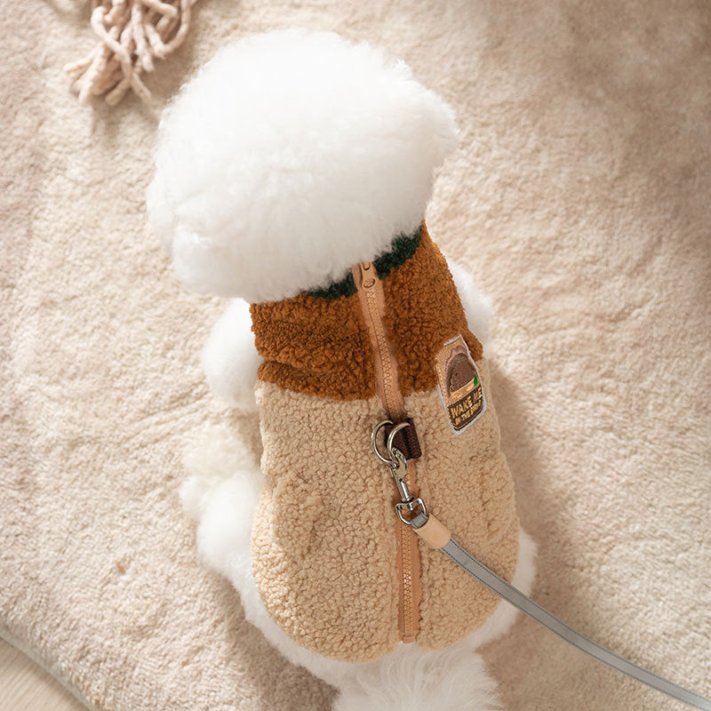 HKM-4805181 Cozy Color-Block Fleece Jacket for Small Dogs with Leash Ring and Pockets