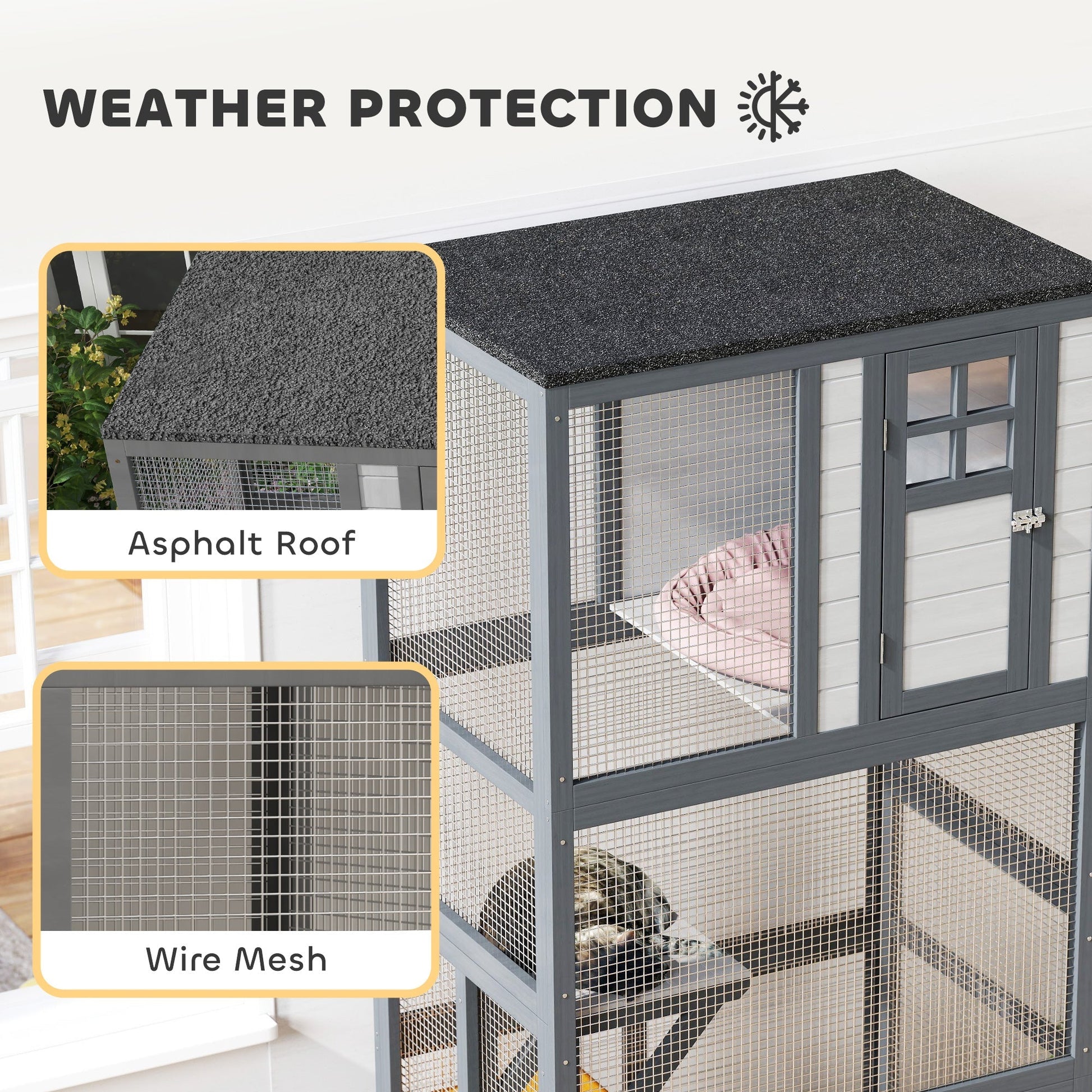 HKM-4806461 74" Dark Gray Outdoor Wooden Cat House with Perches and Weather Protection