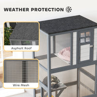 HKM-4806461 74" Dark Gray Outdoor Wooden Cat House with Perches and Weather Protection