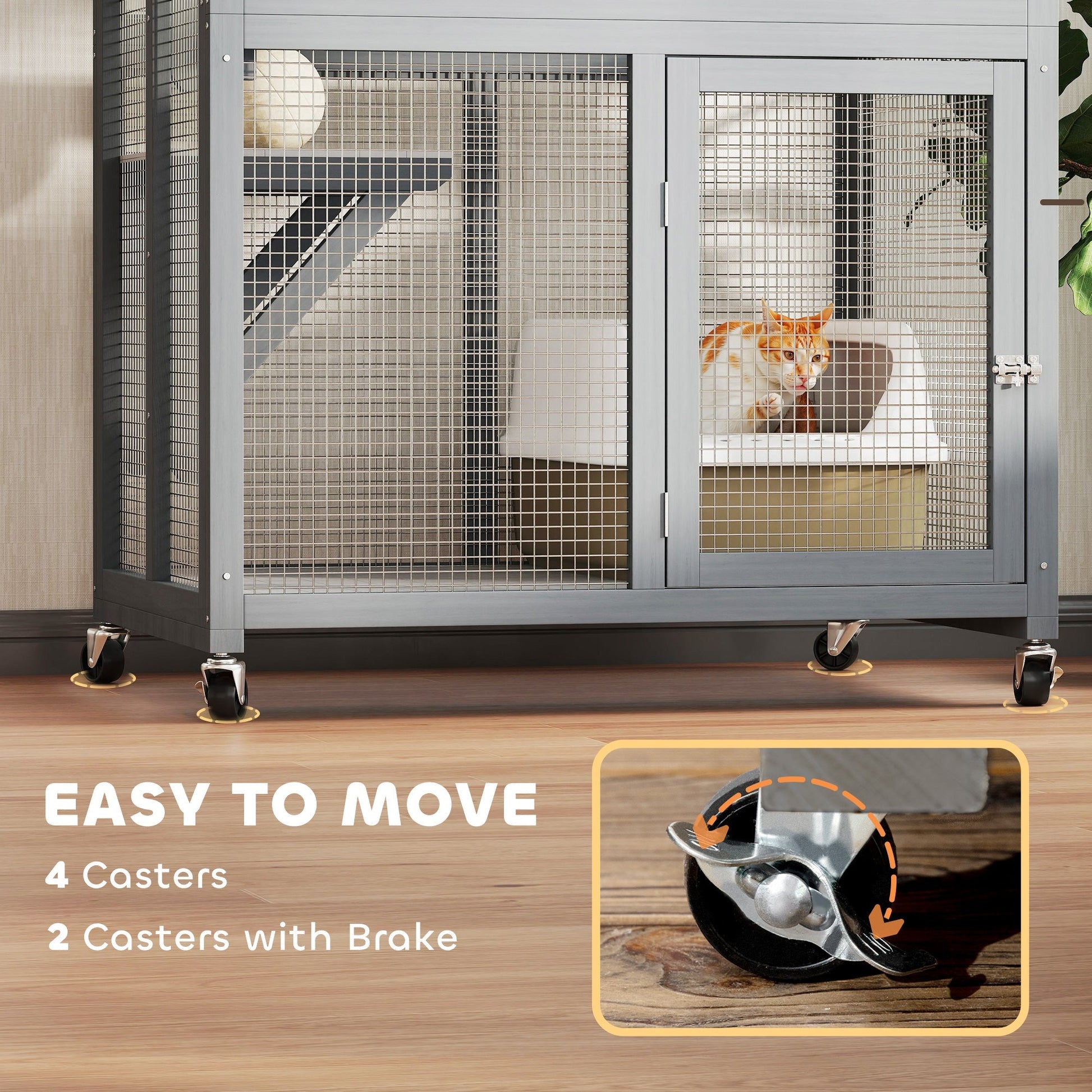 HKM-4806461 74" Dark Gray Outdoor Wooden Cat House with Perches and Weather Protection