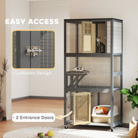 HKM-4806461 74" Dark Gray Outdoor Wooden Cat House with Perches and Weather Protection