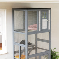 HKM-4806461 74" Dark Gray Outdoor Wooden Cat House with Perches and Weather Protection