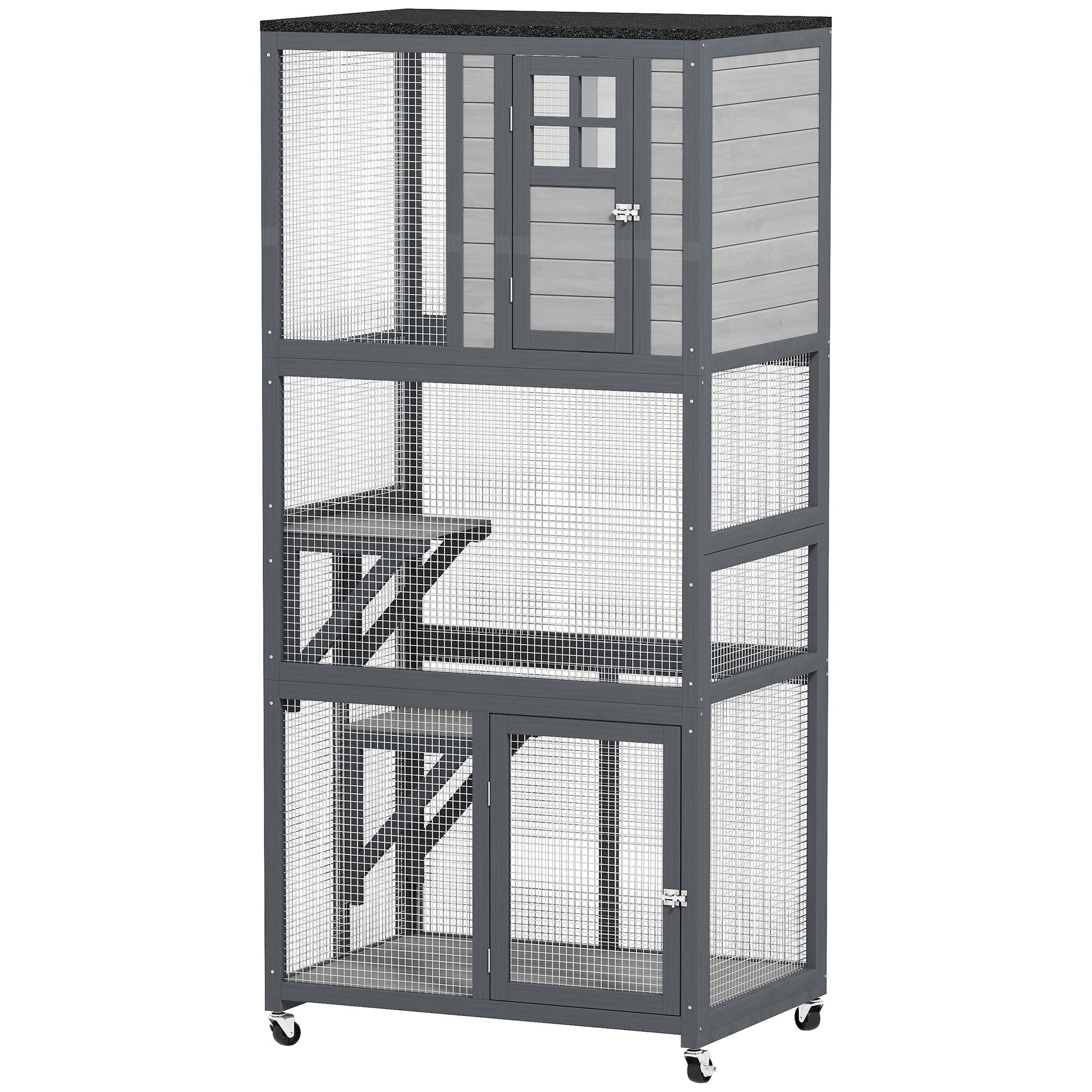 HKM-4806461 74" Dark Gray Outdoor Wooden Cat House with Perches and Weather Protection