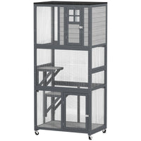 HKM-4806461 74" Dark Gray Outdoor Wooden Cat House with Perches and Weather Protection