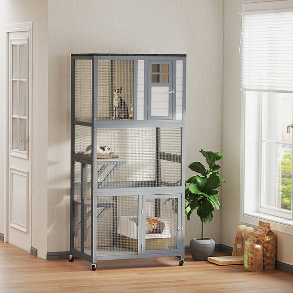 HKM-4806461 74" Dark Gray Outdoor Wooden Cat House with Perches and Weather Protection