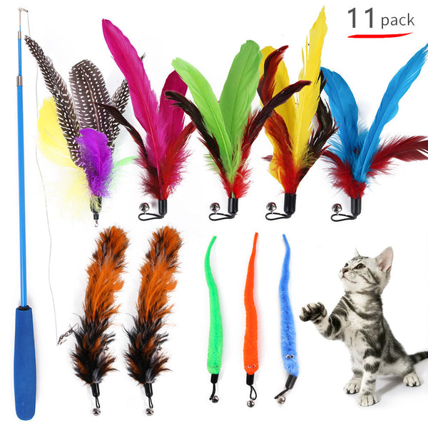 HKM-4807229 Retractable Cat Stick with Feather and Caterpillar Replacement Heads - 11 Piece Toy Set