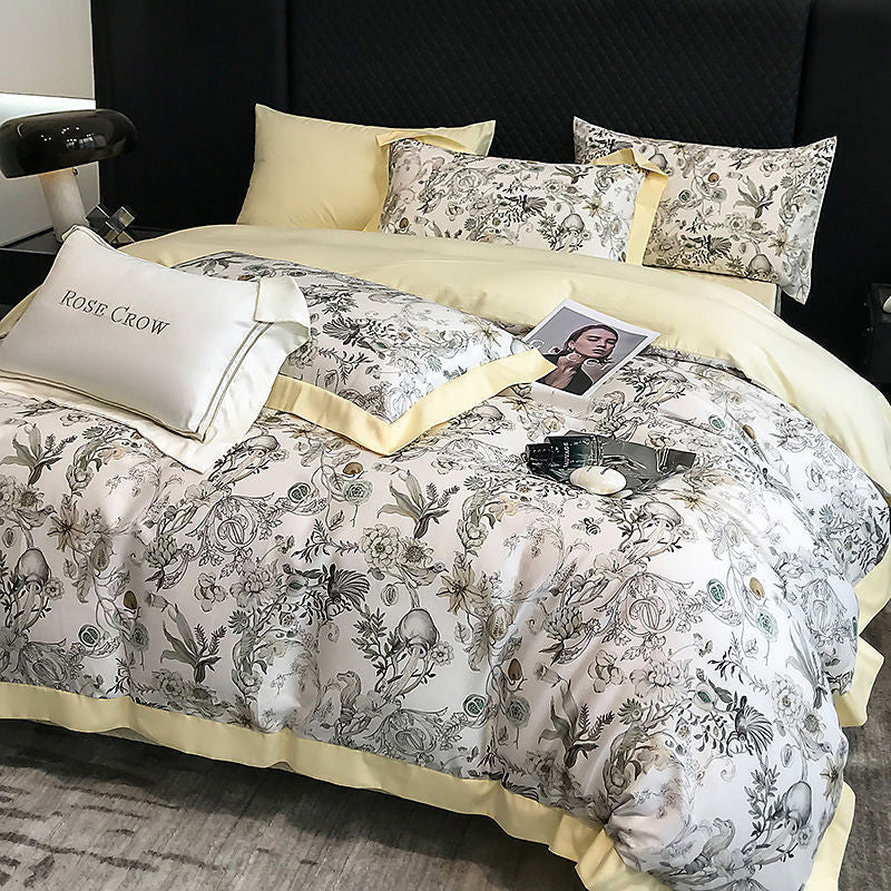 HKM-481107 Long-Staple Cotton Bed Sheet Set with Plant and Flower Pattern, 4 Pieces for 1.5-2.2 Beds
