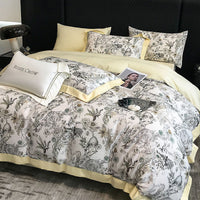 HKM-481107 Long-Staple Cotton Bed Sheet Set with Plant and Flower Pattern, 4 Pieces for 1.5-2.2 Beds