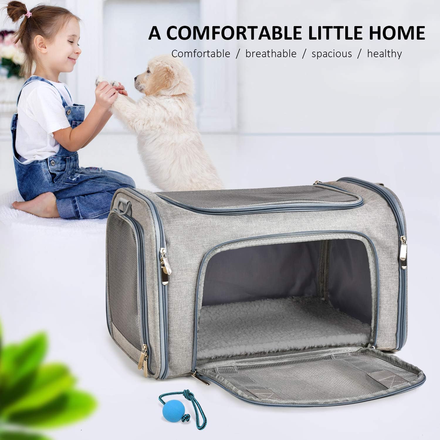 HKM-4813629 Pet Carrier for Small to Medium Animals, Soft-Sided & Collapsible Travel Bag, Airline Approved, Holds Up to 15 lbs, Grey