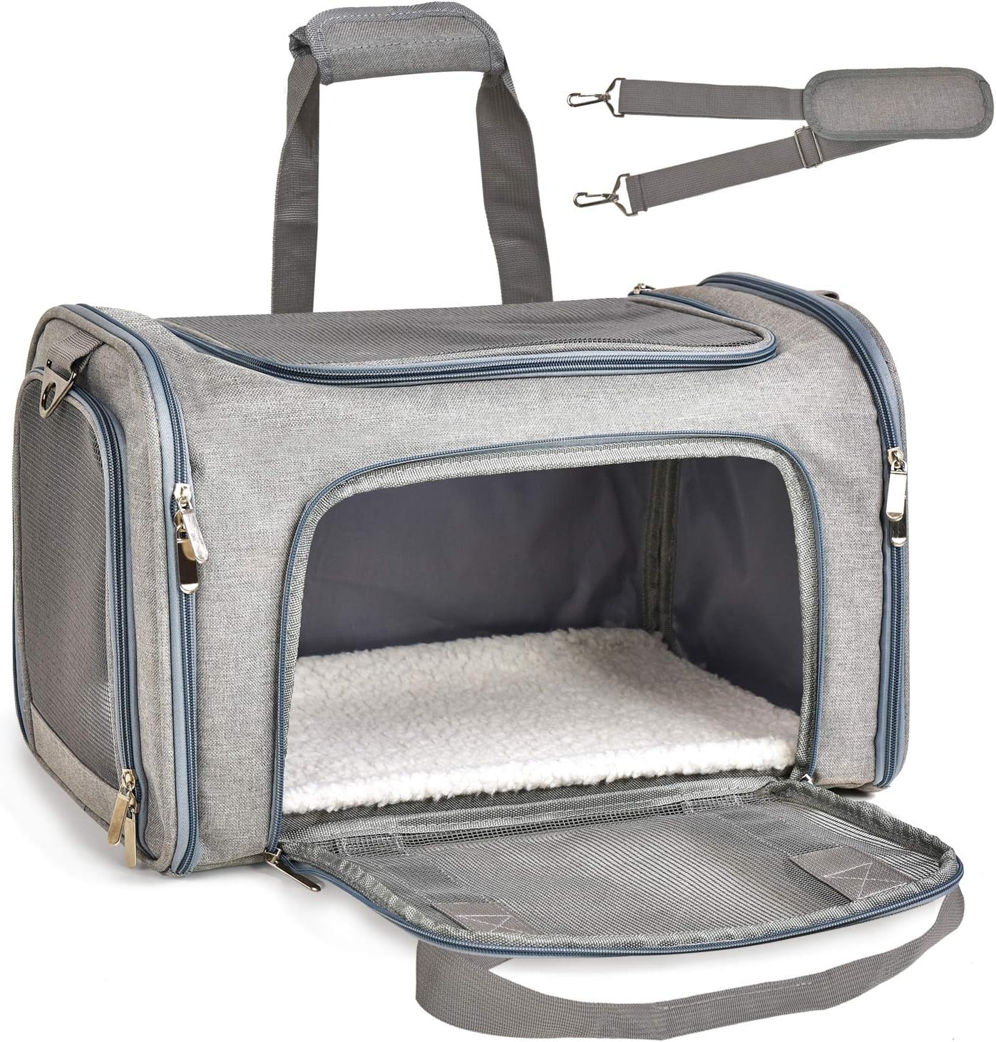 HKM-4813629 Pet Carrier for Small to Medium Animals, Soft-Sided & Collapsible Travel Bag, Airline Approved, Holds Up to 15 lbs, Grey
