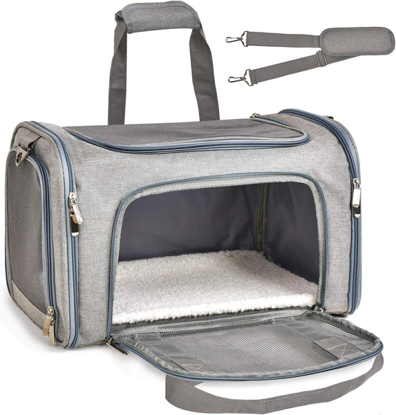 HKM-4813629 Pet Carrier for Small to Medium Animals, Soft-Sided & Collapsible Travel Bag, Airline Approved, Holds Up to 15 lbs, Grey