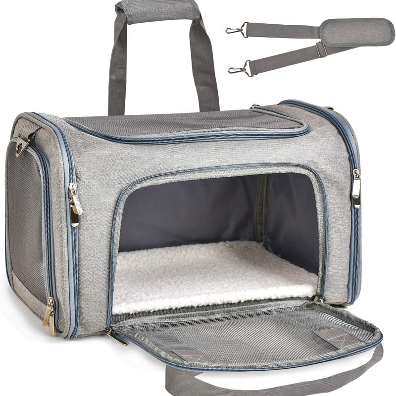 HKM-4813629 Pet Carrier for Small to Medium Animals, Soft-Sided & Collapsible Travel Bag, Airline Approved, Holds Up to 15 lbs, Grey