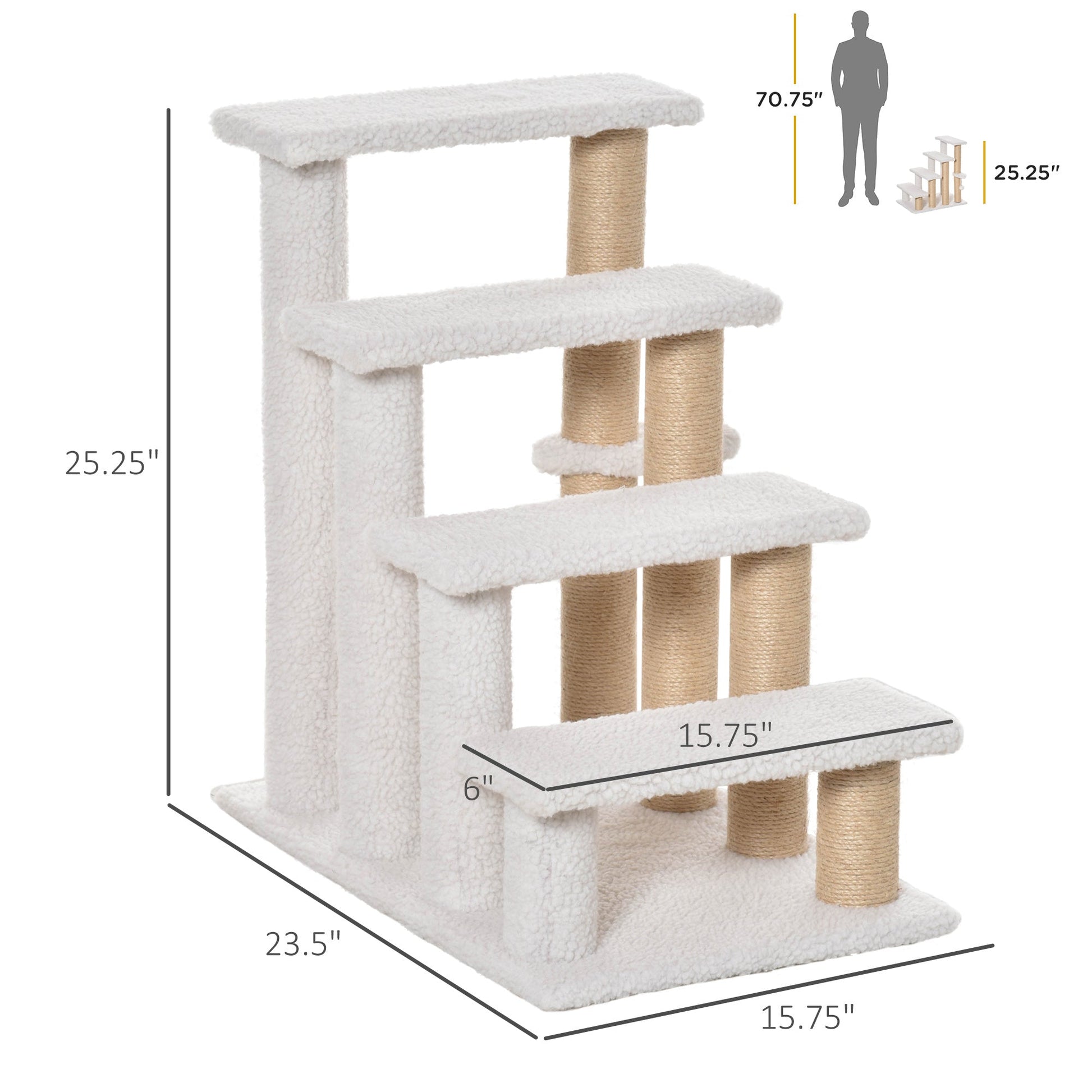 HKM-4815421 4-Level Cat Steps with Scratching Posts for Easy Access to Beds and Sofas - White