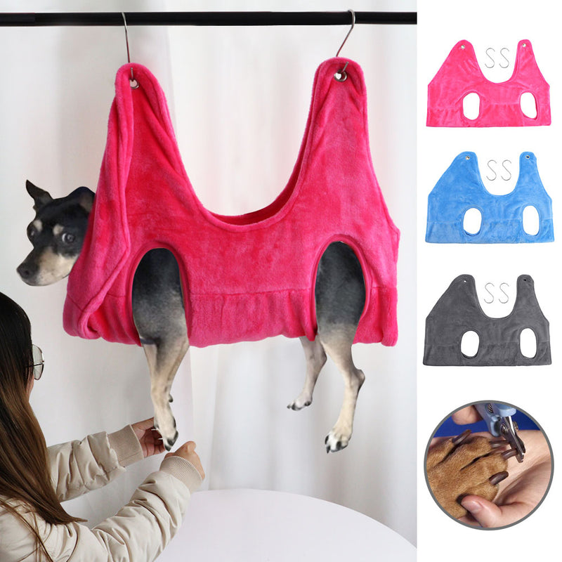 HKM-4816317 Pet Grooming Hammock Restraint Bag – Soft Falai Velvet in Blue, Rose Red, and Gray, Sizes S/M/L