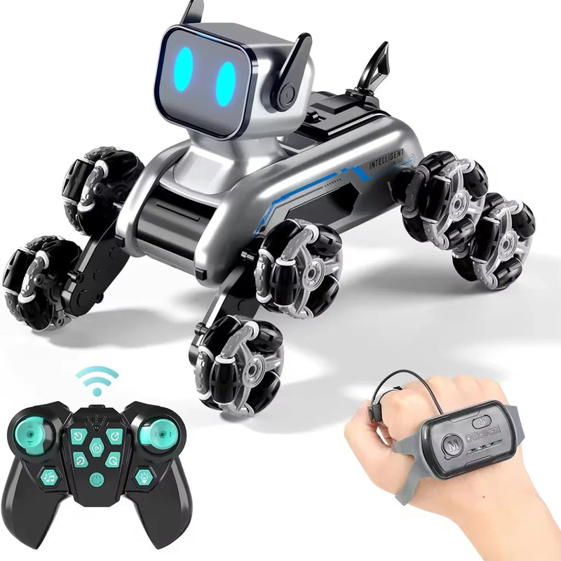 HKM-481683 Remote-Controlled Eight-Wheel Stunt Robot Dog with Gesture Control, LED Lights, and Music