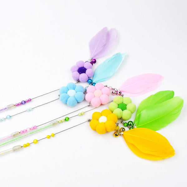 HKM-4816957 Cat Toy with Plush and Feather, 25cm Grip, 18cm Fringe, Steel Wire 13cm