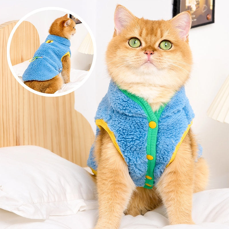 HKM-4818493 Cozy Lambswool Cat Vest with Stylish Edges in White Pink and Blue Green
