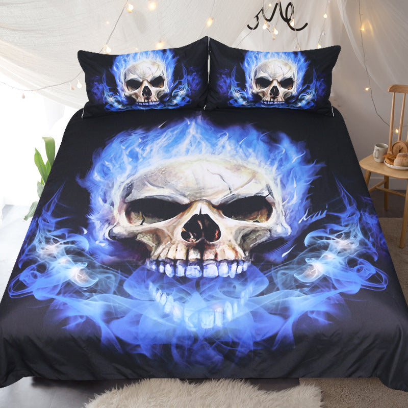 HKM-482067 Blue Flame Skull 3-Piece Bedding Set in Polyester